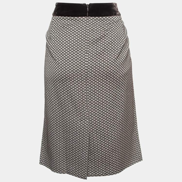 Pre Owned Armani Collezioni Brown Velvet Trim Check Jacquard Pencil Skirt XL
