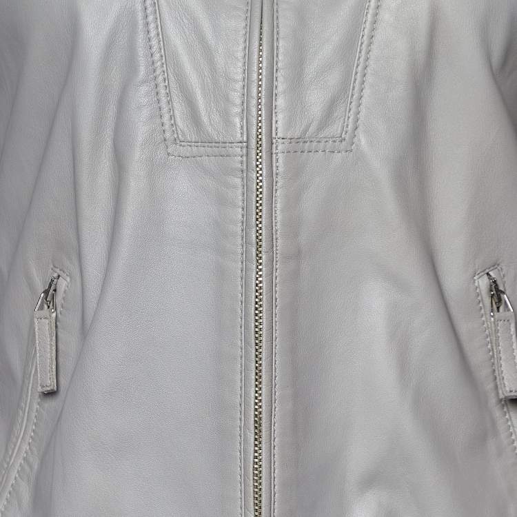 Pre Owned Armani Collezioni Grey Leather Zip Up Jacket M