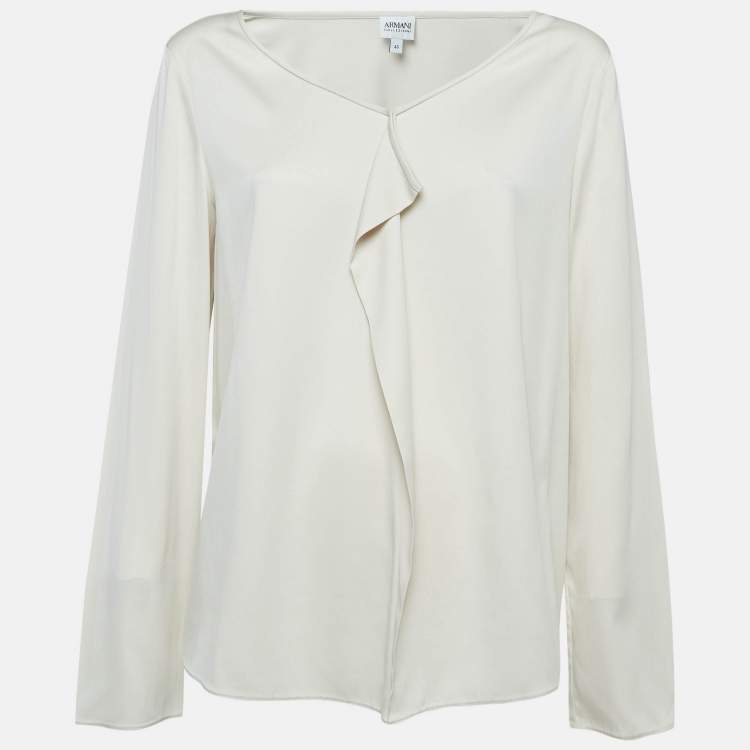 Pre Owned Armani Collezioni Cream Satin Silk Ruffled Blouse L