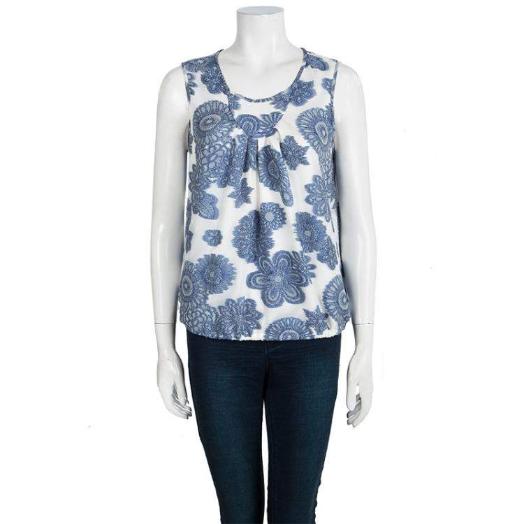 Pre Owned Armani Collezioni White Floral Chiffon Jacquard Sleeveless Top M