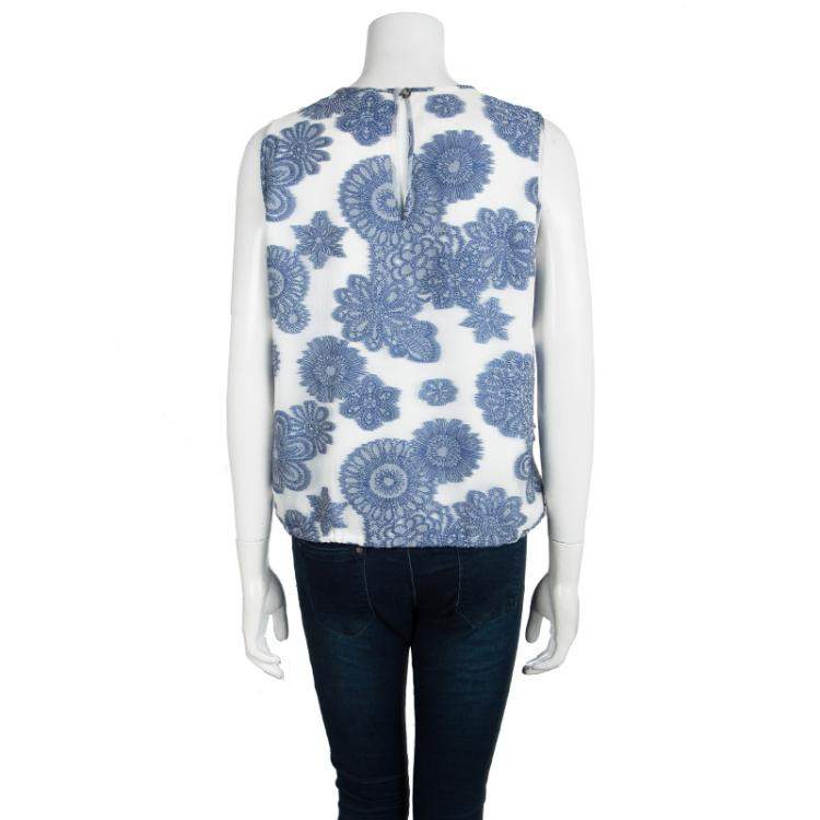 Pre Owned Armani Collezioni White Floral Chiffon Jacquard Sleeveless Top M