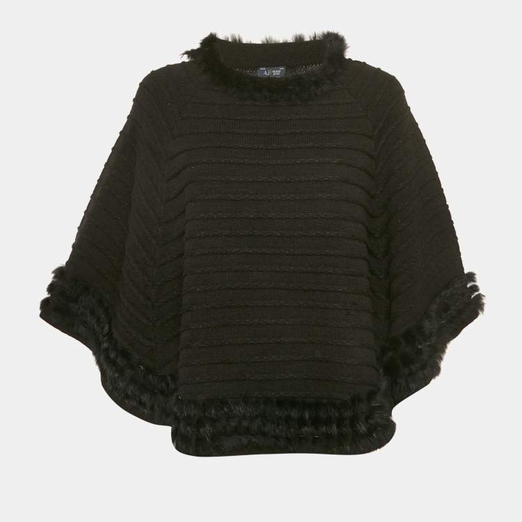Pre Owned Armani Jeans Black Rabbit Fur Trim Knit Poncho S