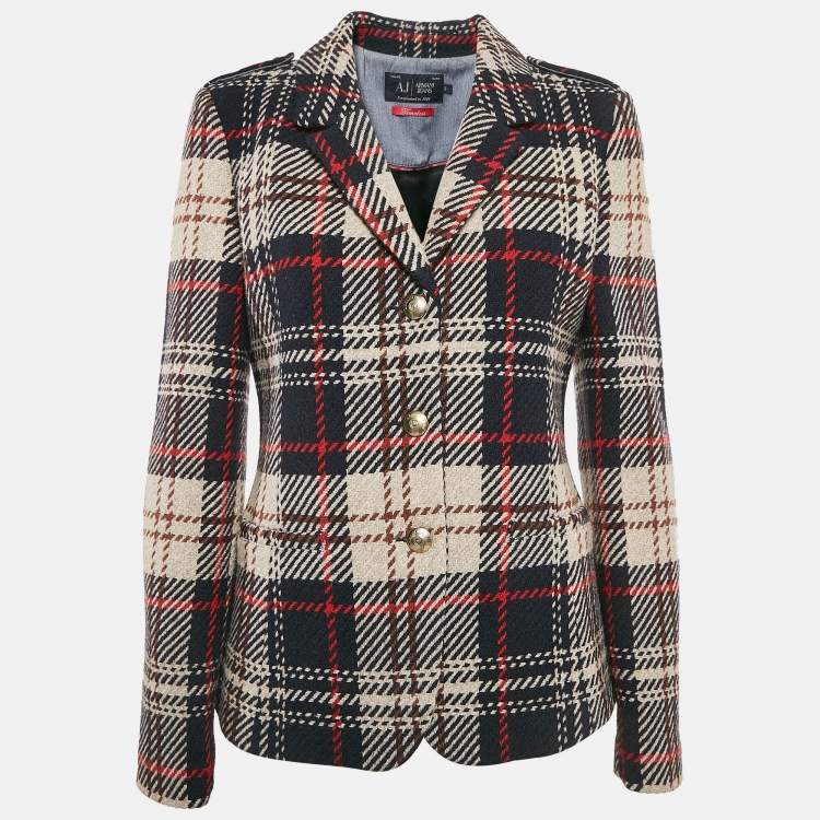 Pre Owned Armani Jeans Navy Blue/Multicolor Tweed Button Front Jacket M