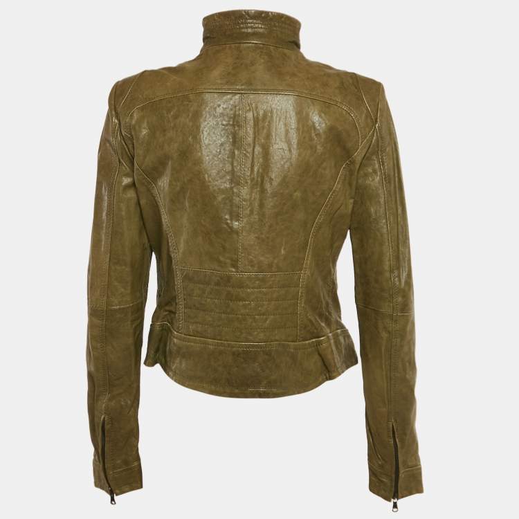 Pre Owned Armani Jeans Olive Green Leather Zip-Up Jacket M