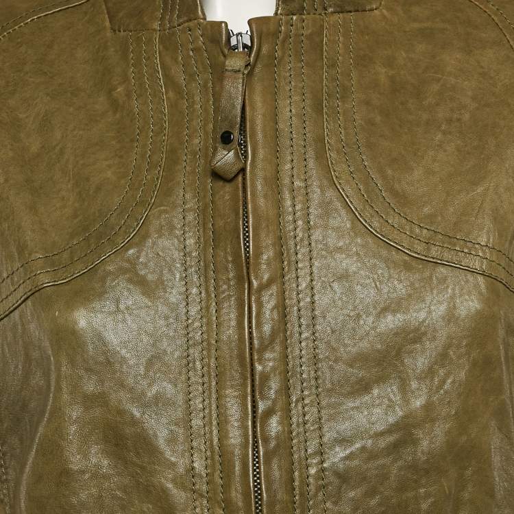 Pre Owned Armani Jeans Olive Green Leather Zip-Up Jacket M