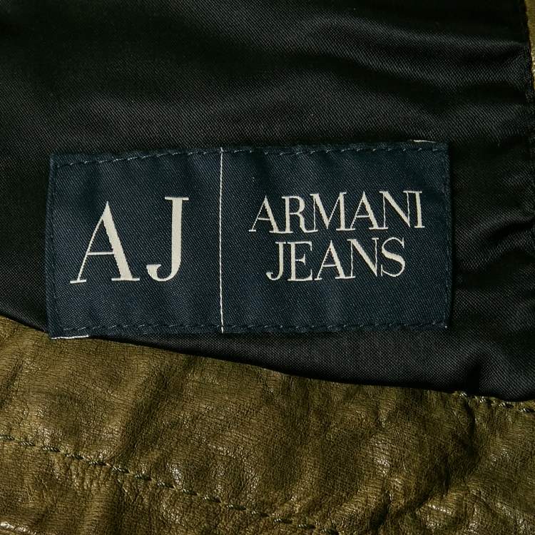 Pre Owned Armani Jeans Olive Green Leather Zip-Up Jacket M