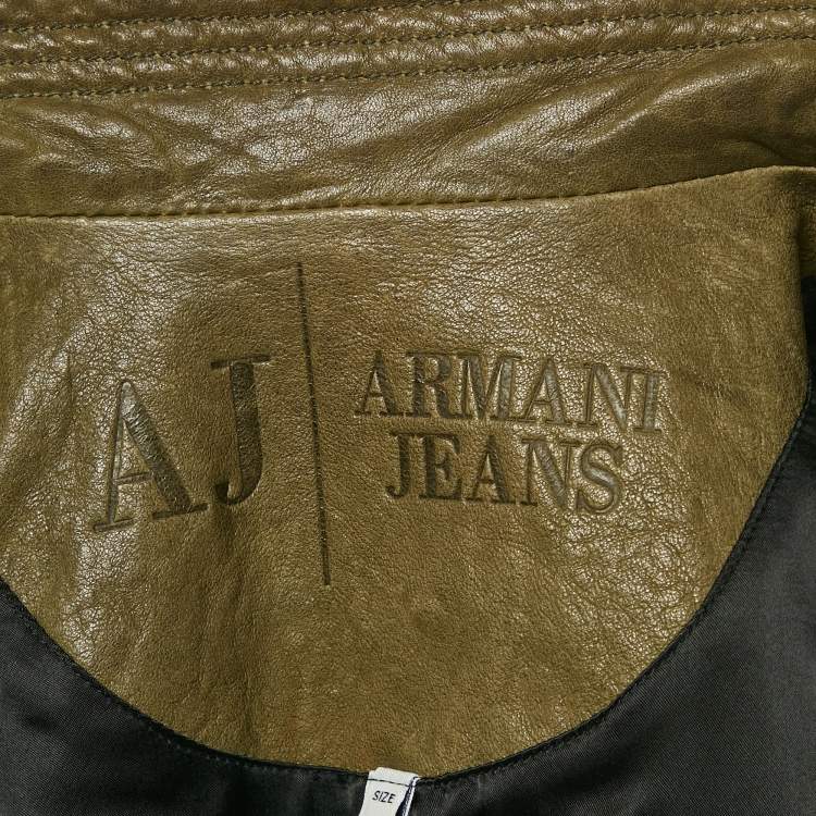 Pre Owned Armani Jeans Olive Green Leather Zip-Up Jacket M