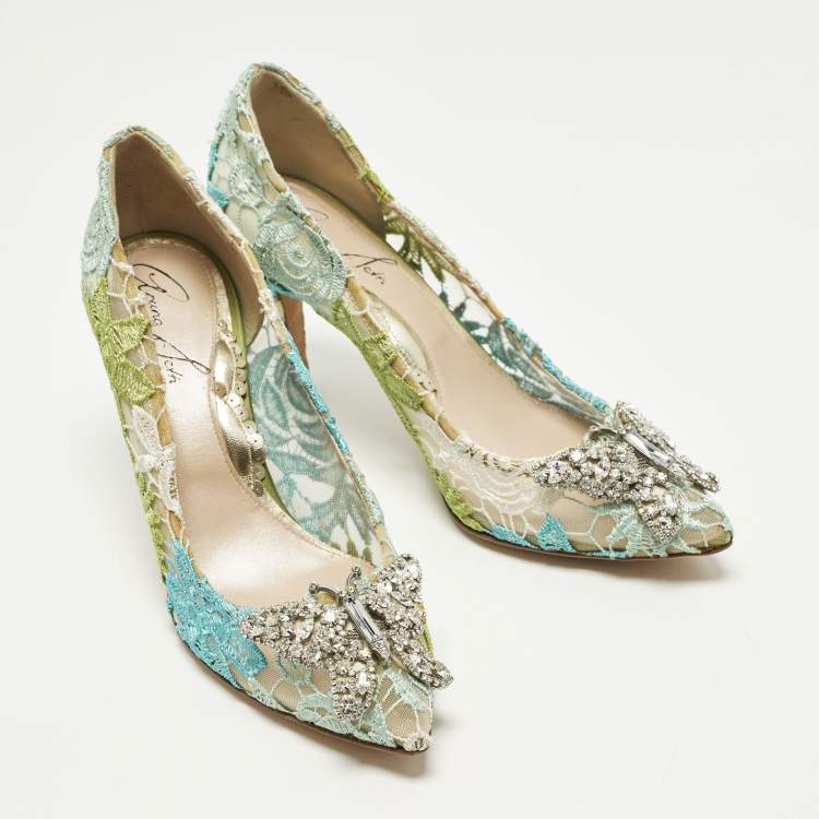 Pre Owned Aruna Seth Carousell Size 38 Multicolor Lace and Net Pumps