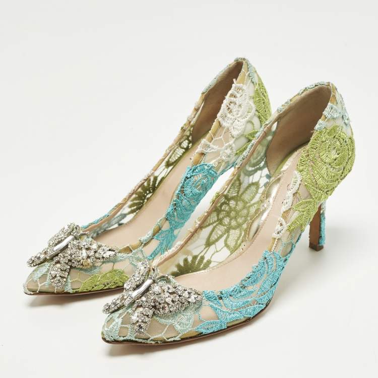 Pre Owned Aruna Seth Carousell Size 38 Multicolor Lace and Net Pumps