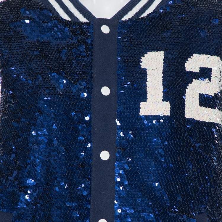 Pre Owned Ashish Navy Blue & White Sequin Embellished Button Front Jacket M