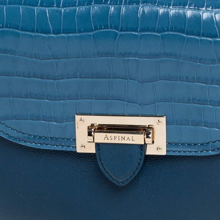 Pre Owned Aspinal Of London Blue Croc Embossed Leather And Leather Portobello Shoulder Bag