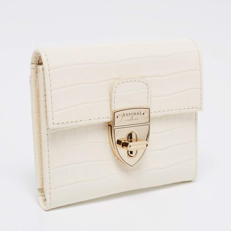 Pre Owned Aspinal Of London Ivory Croc Embossed Leather Mayfair Compact Wallet