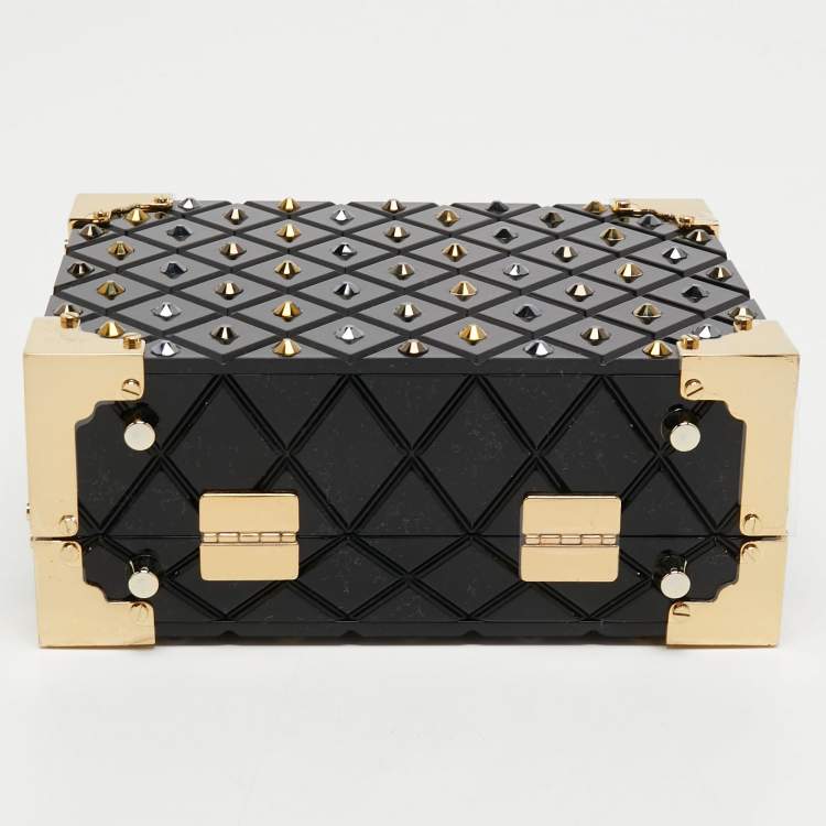 Pre Owned Aspinal of London Black Jet Crystals Embellished Acrylic The Trunk Top Handle Bag