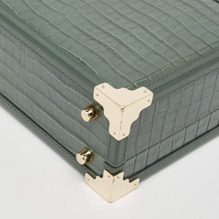 Pre Owned Aspinal of London Green Croc Embossed Leather Trinket Top Handle Bag 