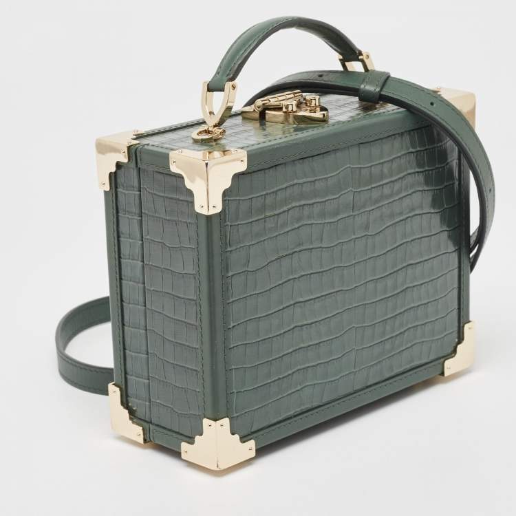 Pre Owned Aspinal of London Green Croc Embossed Leather Trinket Top Handle Bag 