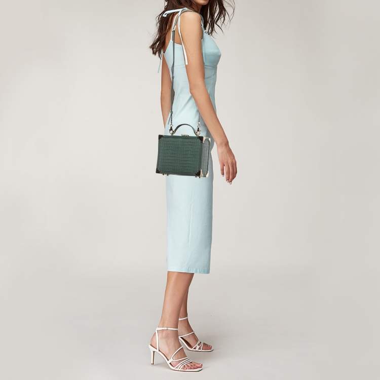 Pre Owned Aspinal of London Green Croc Embossed Leather Trinket Top Handle Bag 
