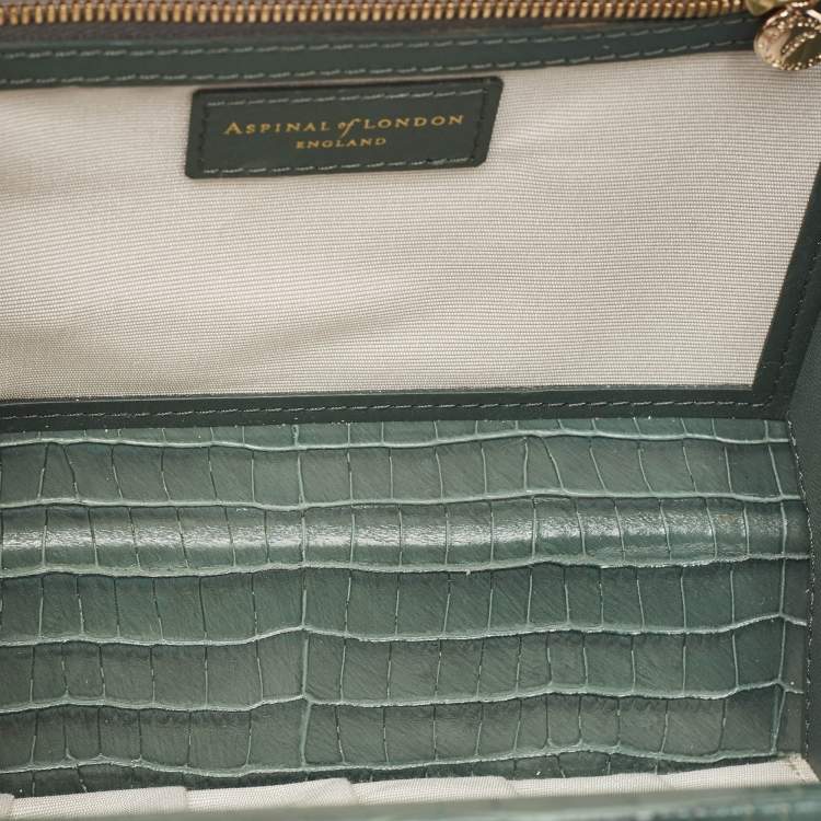Pre Owned Aspinal of London Green Croc Embossed Leather Trinket Top Handle Bag 