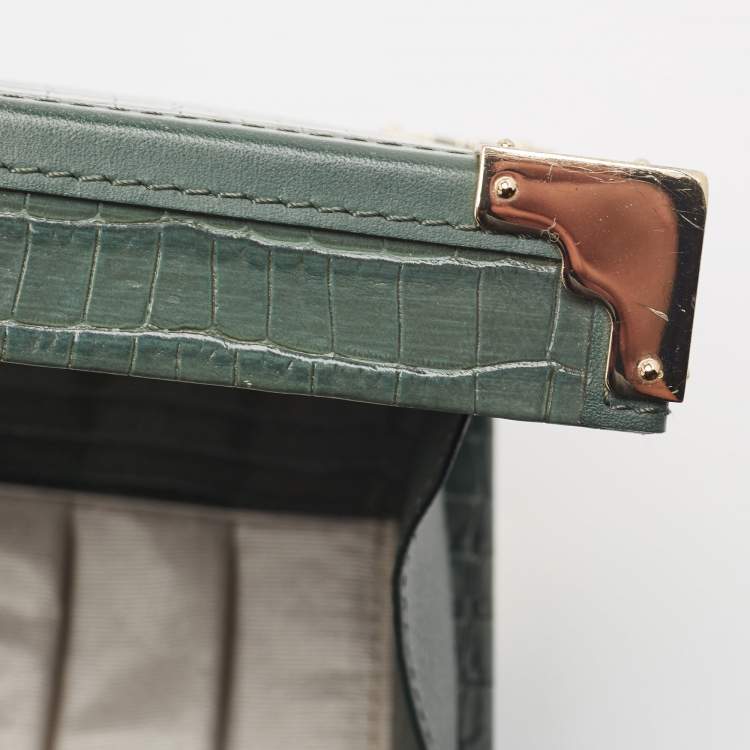 Pre Owned Aspinal of London Green Croc Embossed Leather Trinket Top Handle Bag 