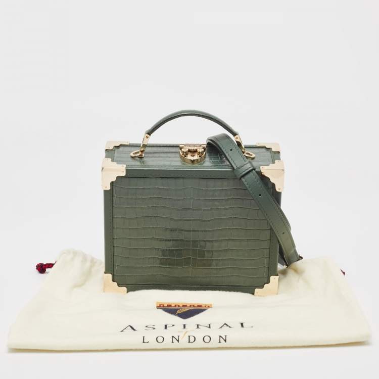 Pre Owned Aspinal of London Green Croc Embossed Leather Trinket Top Handle Bag 