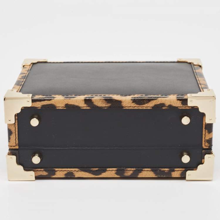 Pre Owned Aspinal Of London Black/Beige Leopard Print Leather Trunk Top Handle Bag