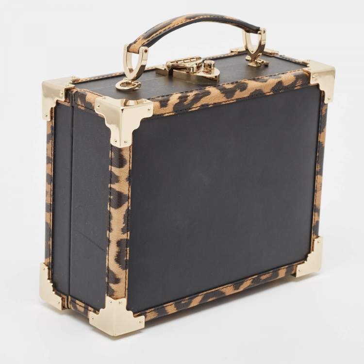 Pre Owned Aspinal Of London Black/Beige Leopard Print Leather Trunk Top Handle Bag