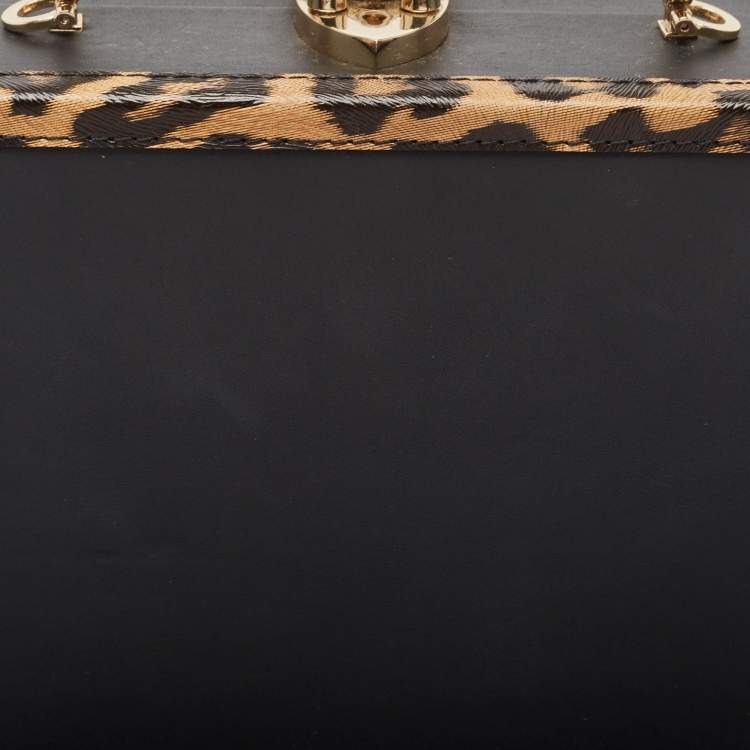 Pre Owned Aspinal Of London Black/Beige Leopard Print Leather Trunk Top Handle Bag