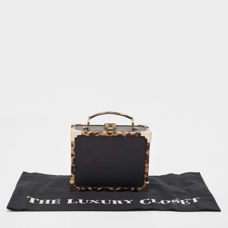 Pre Owned Aspinal Of London Black/Beige Leopard Print Leather Trunk Top Handle Bag