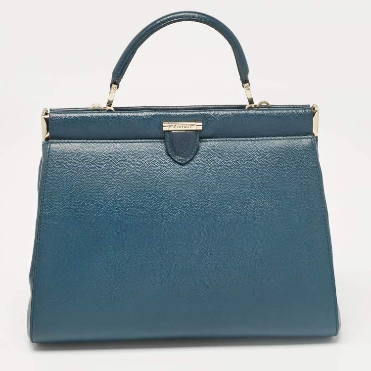 Pre Owned Aspinal Of London Teal Blue Leather Small Florence Frame Top Handle Bag