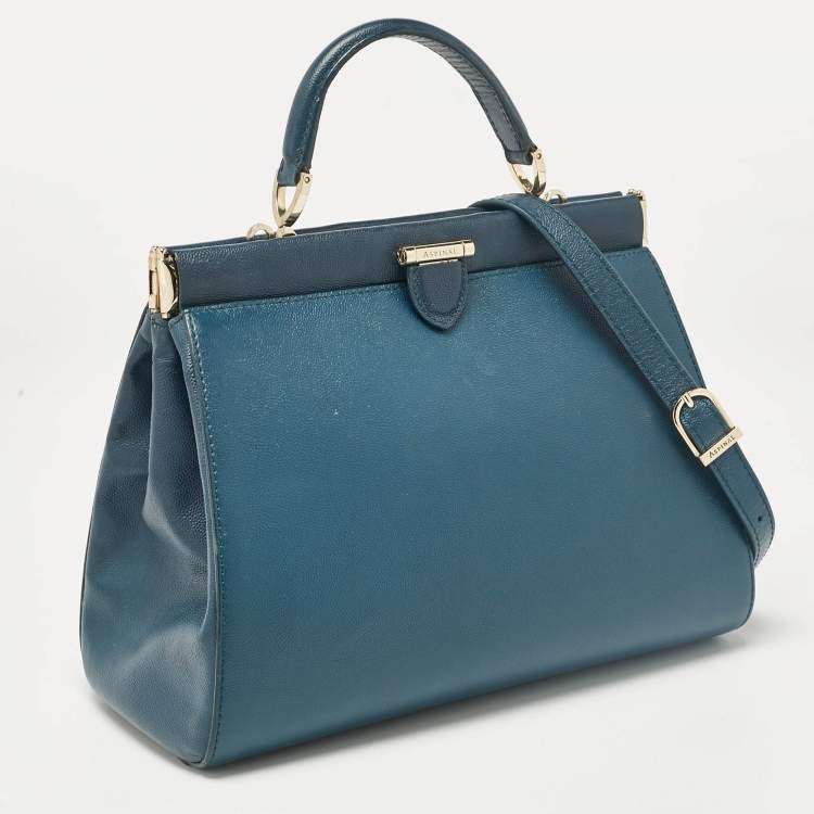 Pre Owned Aspinal Of London Teal Blue Leather Small Florence Frame Top Handle Bag