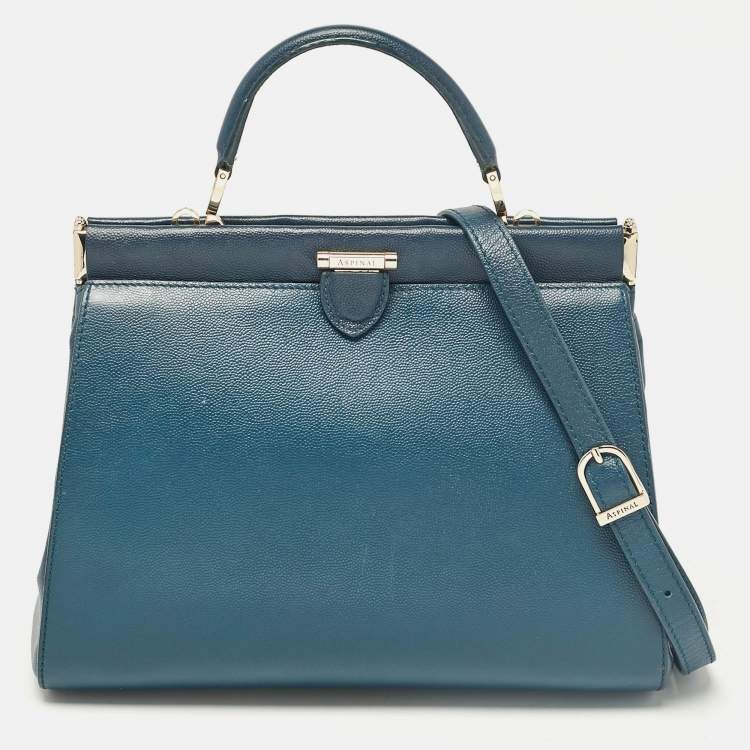 Pre Owned Aspinal Of London Teal Blue Leather Small Florence Frame Top Handle Bag