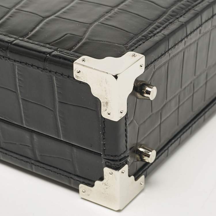 Pre Owned Aspinal Of London Black Croc Embossed Leather Trunk Top Handle Bag