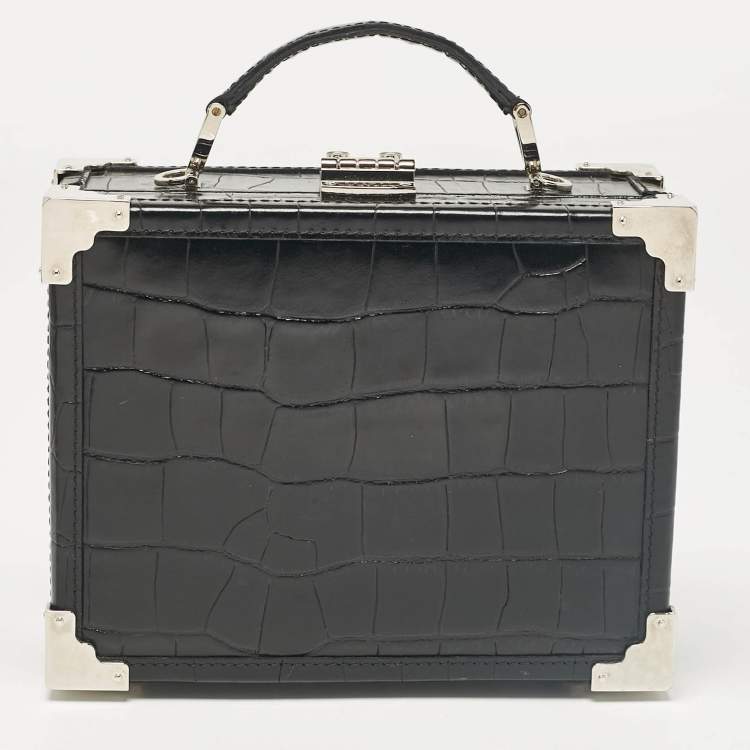 Pre Owned Aspinal Of London Black Croc Embossed Leather Trunk Top Handle Bag