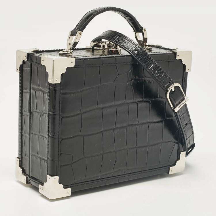 Pre Owned Aspinal Of London Black Croc Embossed Leather Trunk Top Handle Bag