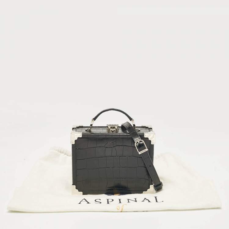 Pre Owned Aspinal Of London Black Croc Embossed Leather Trunk Top Handle Bag