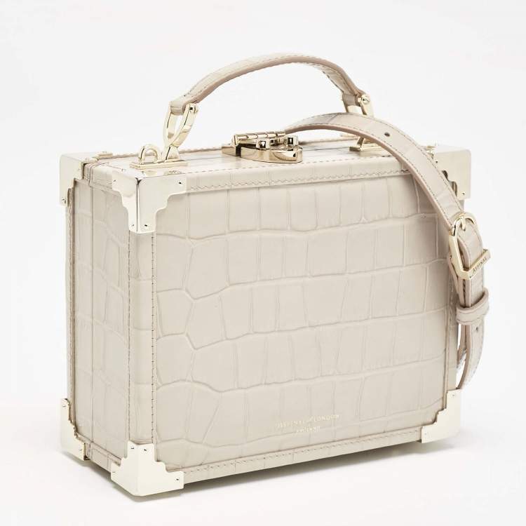 Pre Owned Aspinal Of London Light Beige Croc Embossed Leather Trunk Top Handle Bag
