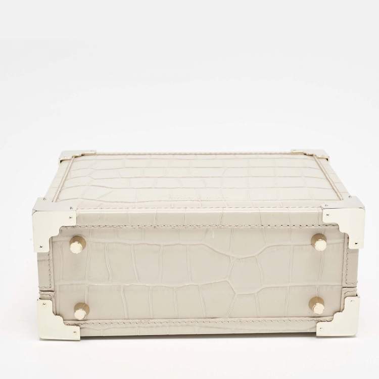 Pre Owned Aspinal Of London Light Beige Croc Embossed Leather Trunk Top Handle Bag