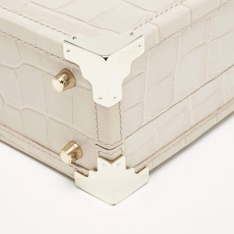 Pre Owned Aspinal Of London Light Beige Croc Embossed Leather Trunk Top Handle Bag