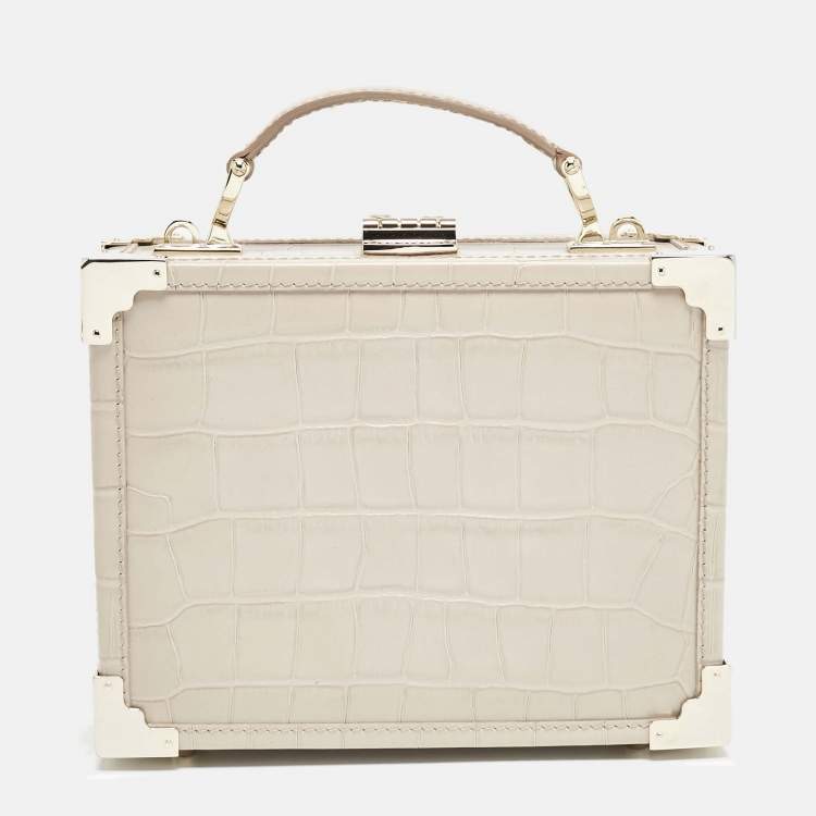 Pre Owned Aspinal Of London Light Beige Croc Embossed Leather Trunk Top Handle Bag