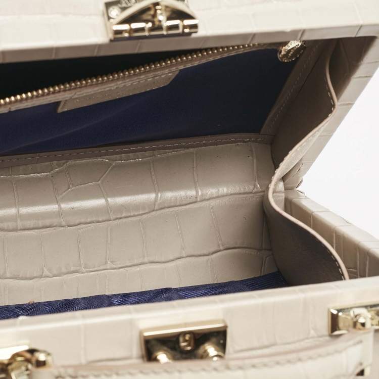 Pre Owned Aspinal Of London Light Beige Croc Embossed Leather Trunk Top Handle Bag