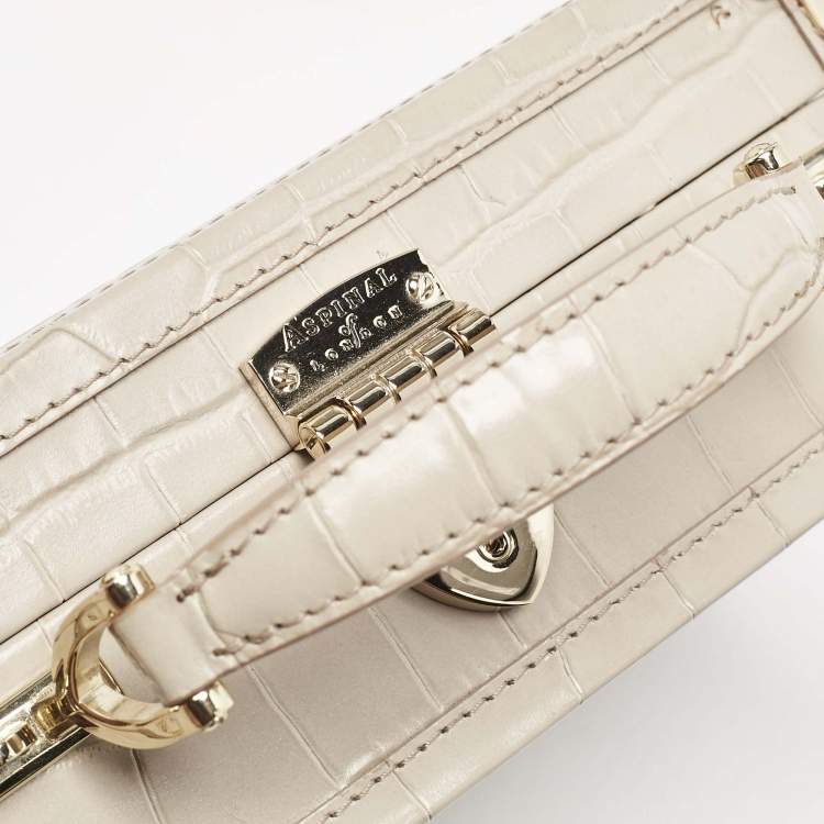 Pre Owned Aspinal Of London Light Beige Croc Embossed Leather Trunk Top Handle Bag