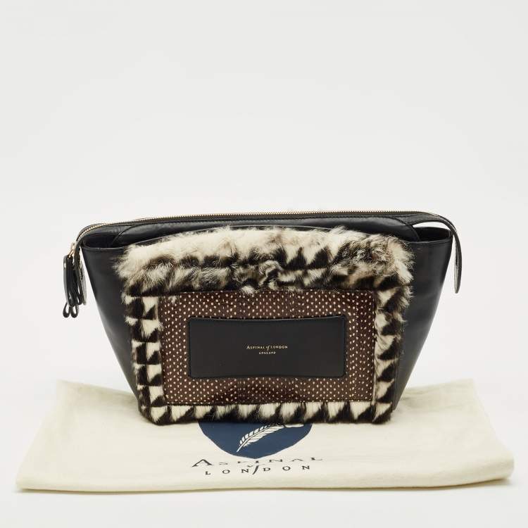 Pre Owned Aspinal Of London Black/White Leather, Rabbit Fur and Snakeskin Shoulder Bag