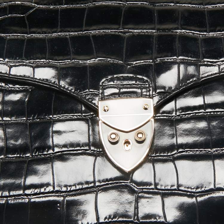 Pre Owned Aspinal Of London Black Croc Embossed Leather Mayfair Top Handle Bag