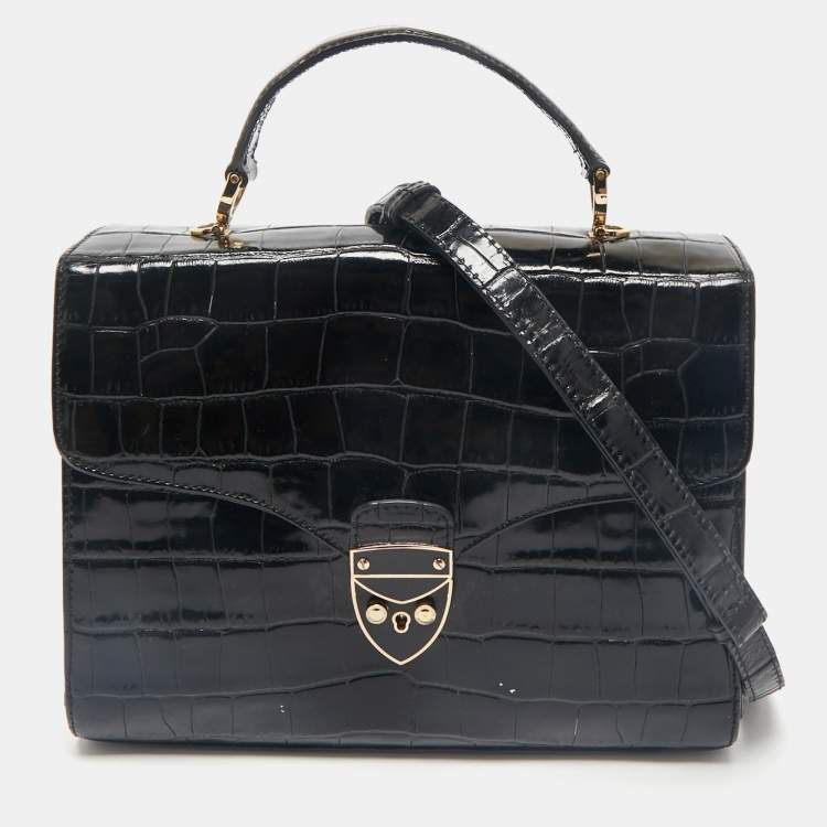 Pre Owned Aspinal Of London Black Croc Embossed Leather Mayfair Top Handle Bag