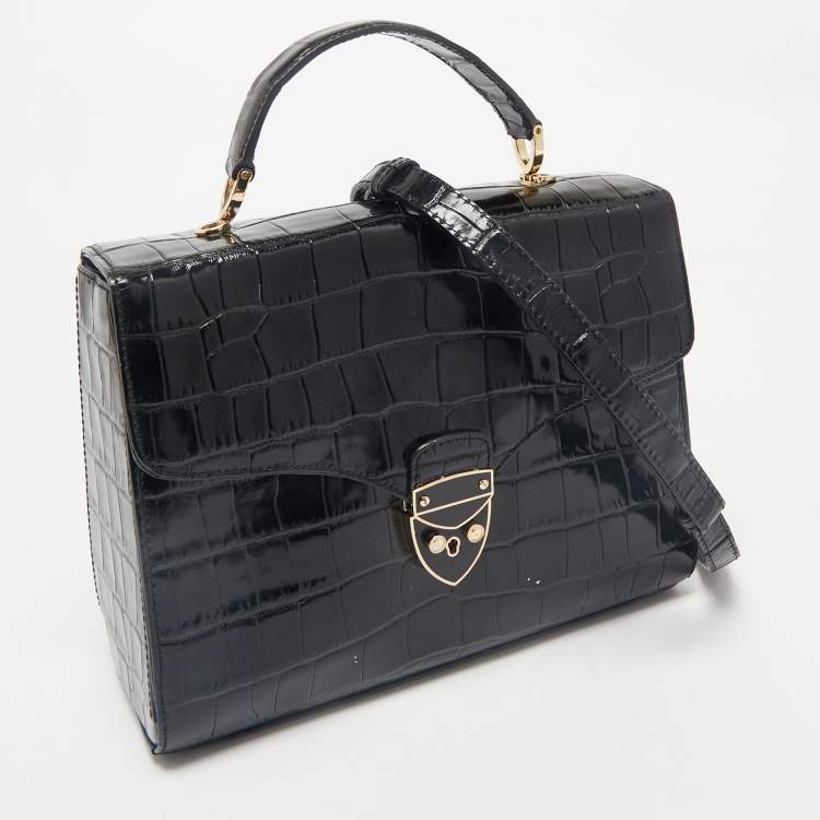 Pre Owned Aspinal Of London Black Croc Embossed Leather Mayfair Top Handle Bag