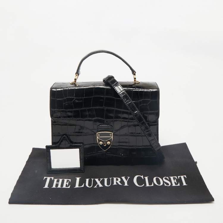 Pre Owned Aspinal Of London Black Croc Embossed Leather Mayfair Top Handle Bag