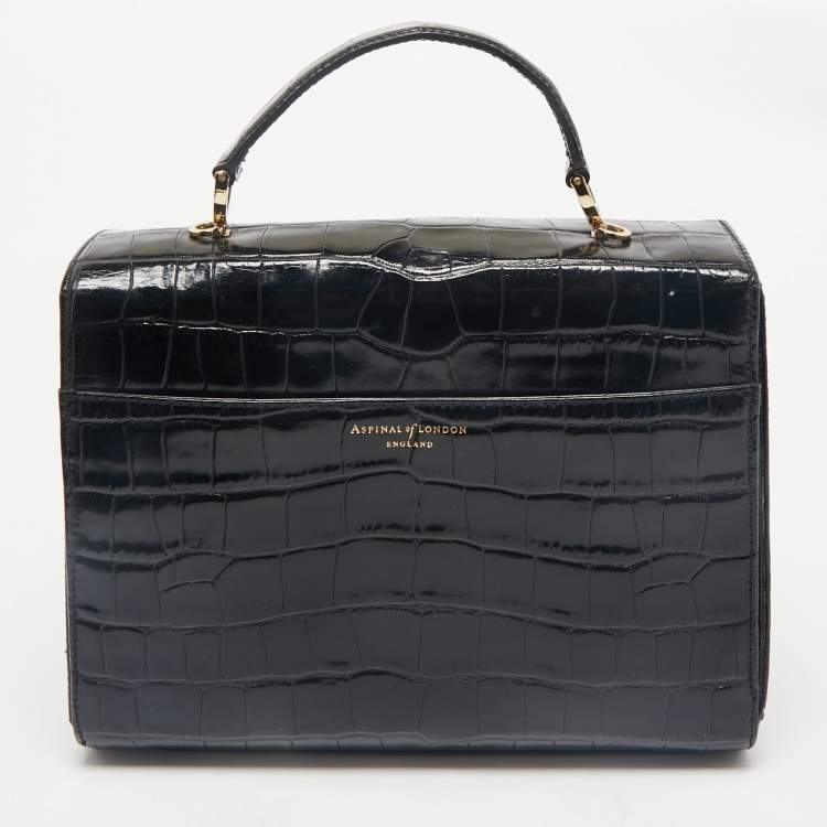 Pre Owned Aspinal Of London Black Croc Embossed Leather Mayfair Top Handle Bag