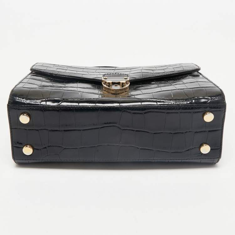 Pre Owned Aspinal Of London Black Croc Embossed Leather Mayfair Top Handle Bag