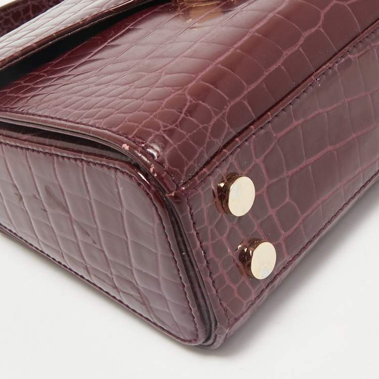 Pre Owned Aspinal of London Burgundy Croc Embossed Leather Small Mayfair Top Handle Bag