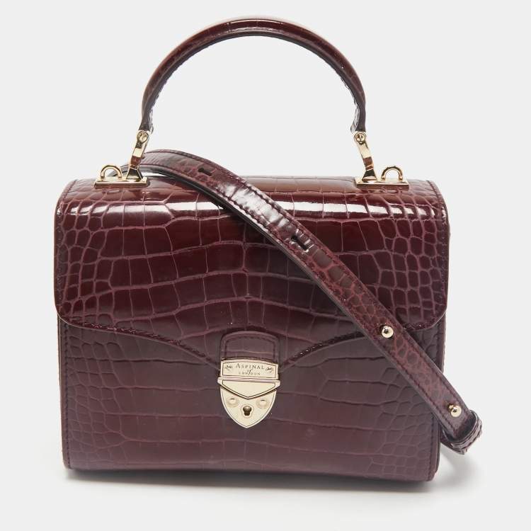 Pre Owned Aspinal of London Burgundy Croc Embossed Leather Small Mayfair Top Handle Bag