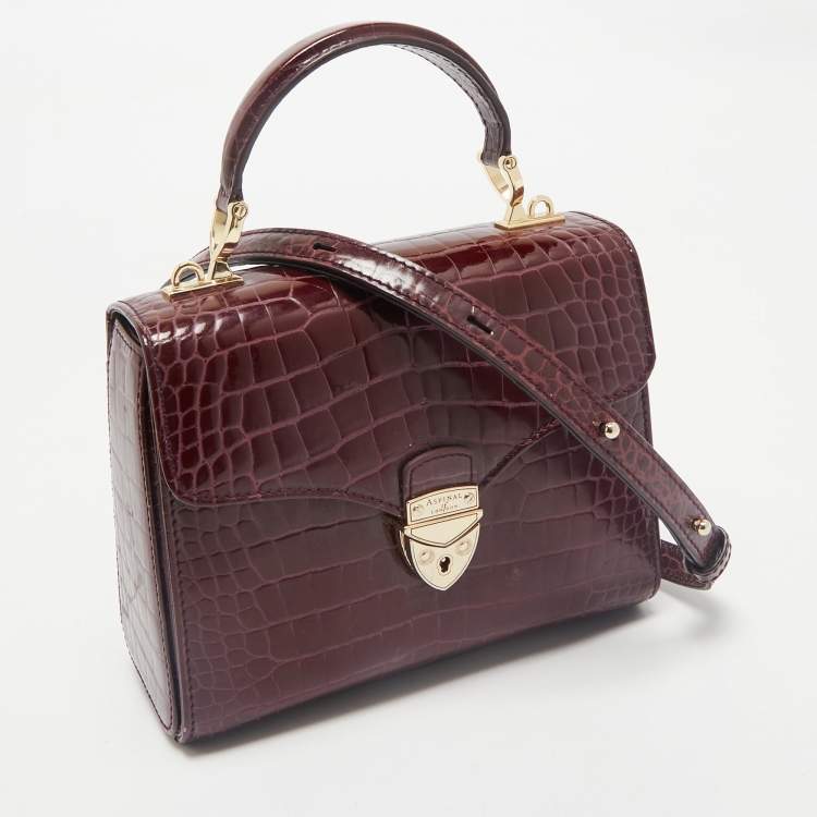 Pre Owned Aspinal of London Burgundy Croc Embossed Leather Small Mayfair Top Handle Bag